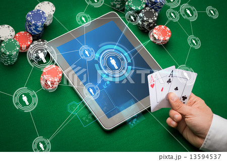 casino poker player with cards, tablet and chips casino poker player with cards, tablet and chips 13594537