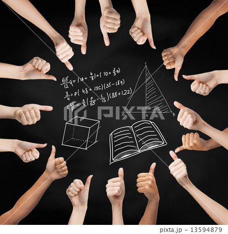 hands showing thumbs up and over math symbols hands showing thumbs up and over math symbols 13594879