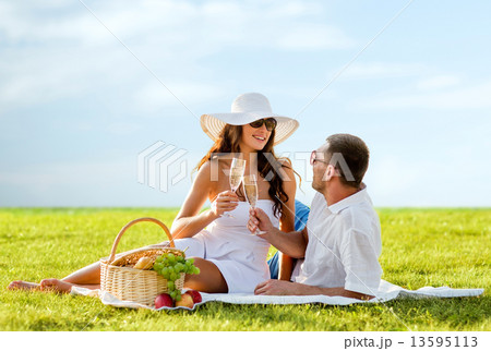 smiling couple drinking champagne on picnic 13595113