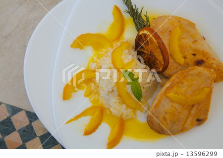 Healthy balanced lunch -chicken rice in orange sauce with rosemary 13596299