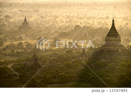 Bagan at Sunrise, from the hot air balloon, Myanmar. Bagan at Sunrise, from the hot air balloon, Myanmar. 13597895