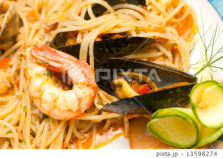 Spaghetti with mussels, clams and shrimp. Spaghetti with mussels, clams and shrimp. 13598274