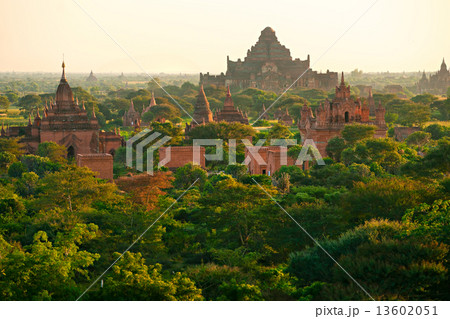 Silhouette of Buddhist Pagodas at sunrise, Bagan, Myanmar.. 13602051