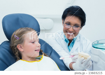 Female dentist teaching girl how to brush teeth Female dentist teaching girl how to brush teeth 13603215