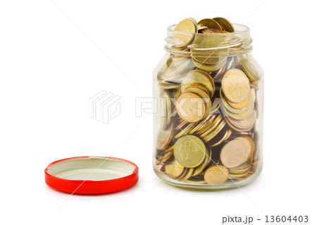 Coins in glass can 13604403
