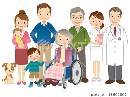 車椅子に乗る高齢者 家族 医師 看護師のイラスト素材