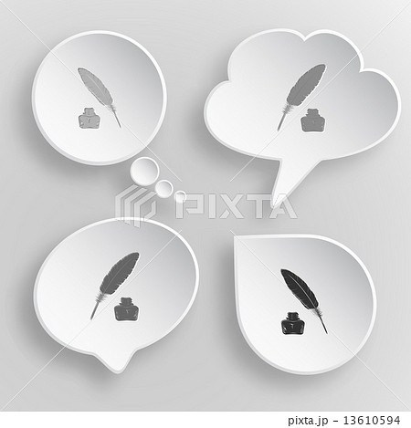 Feather and ink bottle. White flat vector buttons on gray backgr Feather and ink bottle. White flat vector buttons on gray backgr 13610594