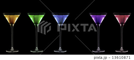 Five Stemmed Cocktail Glasses Full of Colored Liquors. Five Stemmed Cocktail Glasses Full of Colored Liquors. 13610871
