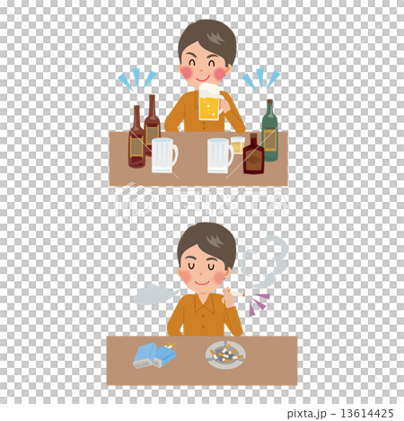 たばこ　男性　お酒　依存症　イラスト 13614425