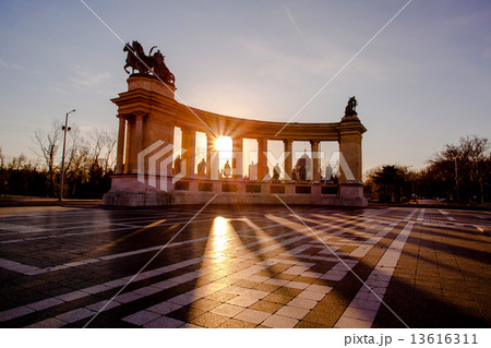 Heroes Square in Budapest against sunrise, Hungary 13616311