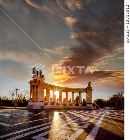 Heroes Square in Budapest against sunrise, Hungary 13616312