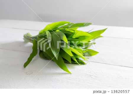 Fresh wild garlic on a wooden board 13620557