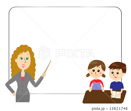 英語を教える外国人の先生と席に着く子どもたち ホワイトボードのイラスト素材