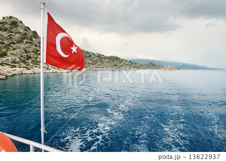 Turkish flag on a background of sea and sky 13622937