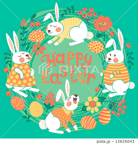 Happy Easter card with cute bunnies and colored eggs. 13626043