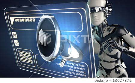 cyborg woman and hologram display 13627379