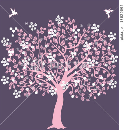 Pink tree with flowers and birds 13629692