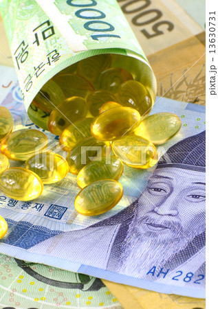 Current Use of South Korean Won Currency and Medicine in Korean Healthcare Business Concept. 13630731