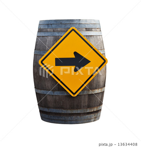 Big old wine barrel with traffic sign isolated on white backgrou 13634408