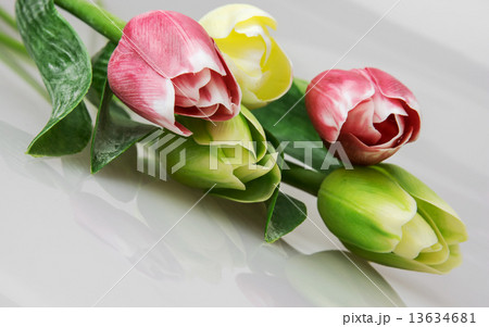 Red and yellow tulips with reflection 13634681