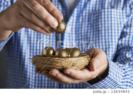 Man Holding Nest Full Of Golden Eggs 13634843
