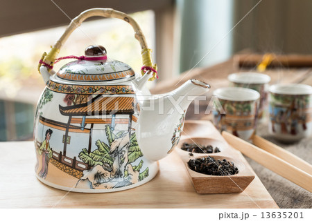 Antique Chinese tea set on wooden table Antique Chinese tea set on wooden table 13635201
