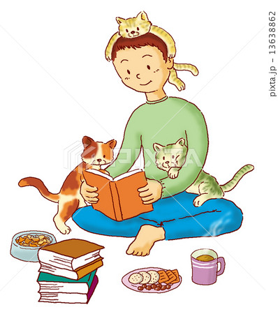読書する子供と猫のイラスト素材 読書する子供と猫のイラスト素材