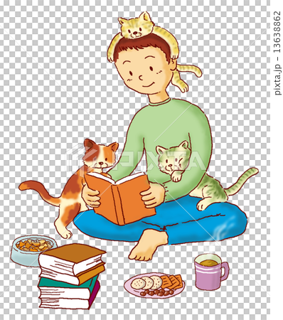 読書する子供と猫のイラスト素材