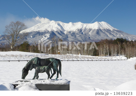 冬の御嶽山　開田村木曽馬の里より木曽馬記念像と 13639223