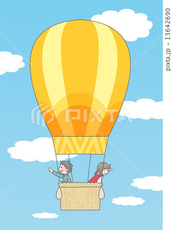 空に浮かぶ気球と子供たちのイラスト素材