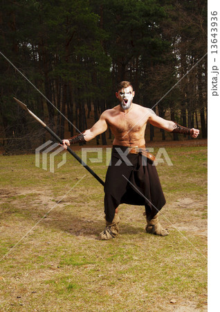 Portrait of a muscular ancient warrior with a spear 13643936