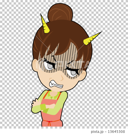 お冠なエプロンの若い女性 13645308