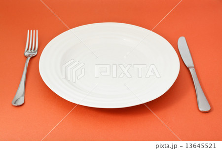 empty white plate with fork and knife set on red 13645521