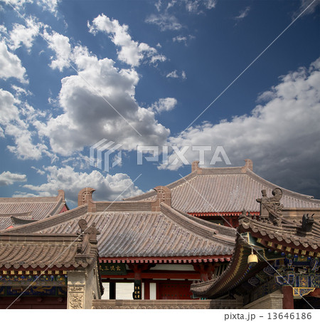 Roof decorations on the territory Giant Wild Goose Pagoda in southern Xian, Shaanxi province, China Roof decorations on the territory Giant Wild Goose Pagoda in southern Xian, Shaanxi province, China 13646186
