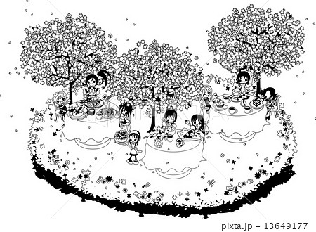 綺麗な桜の下で 色々な食べ物を食べながら 皆でお花見を楽しみましょう のイラスト素材