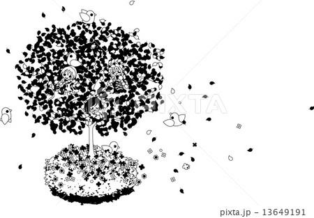 春の風が吹いて 若葉が揺れる 今日は木に登って 優しい風と日の光を 小鳥達と一緒に楽しみましょう のイラスト素材