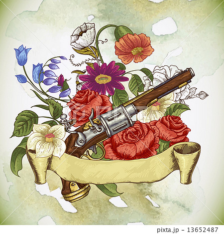 Vintage card with a gun and flowers Vintage card with a gun and flowers 13652487