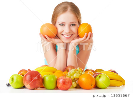 happy girl and healthy vegetarian food, fruit Isolated on white background 13655667