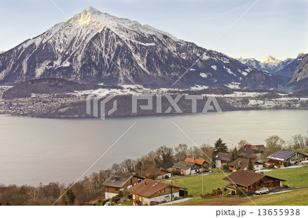 Lakeview over Swiss Apls mountains in a Swiss village near the T 13655938