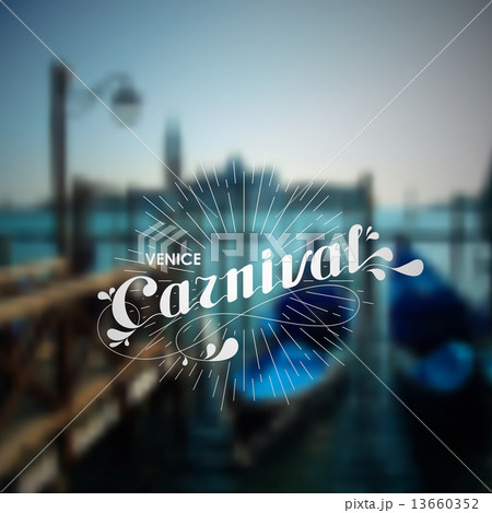 vector holiday illustration of blurred Venice cityscape with ornate typographic label and light rays 13660352