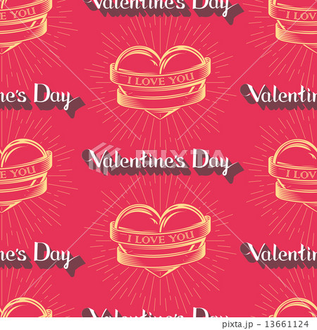 vector seamless pattern with engraving hearts,  ribbons, hand-written lettering words and burst ligh 13661124