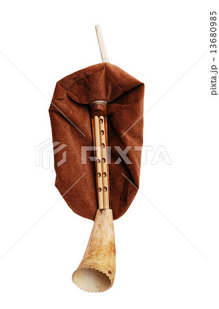 close-up of  antique bagpipe from Scotland over white background 13680985