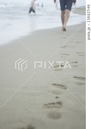 Legs of man and footprints on sand of beach Legs of man and footprints on sand of beach 13682546