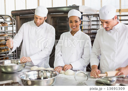Team of bakers preparing dough Team of bakers preparing dough 13691309