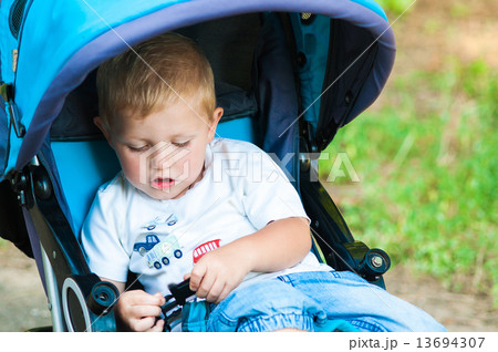 Little boy in a pram on a walk in the park 13694307