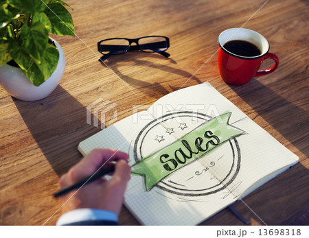 Man with Note Pad and Sales Text Man with Note Pad and Sales Text 13698318