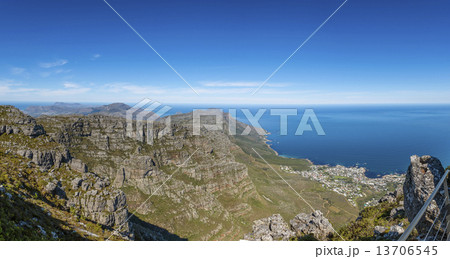 View from the flat top of Cape Town's Table Mountain. Views of Cape Town city, Atlantic ocean, harbor and Lion's Head hiking peak can be seen from the various cliff orientated mountain outlooks. View from the flat top of Cape Town's Table Mountain. Views of Cape Town city, Atlantic ocean, harbor and Lion's Head hiking peak can be seen from the various cliff orientated mountain outlooks. 13706545