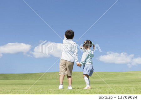 青空の下で手をつなぐ男の子と女の子の後姿 13709034