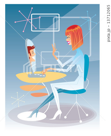 Young woman talking on the computer with the young man futuristi Young woman talking on the computer with the young man futuristi 13712065