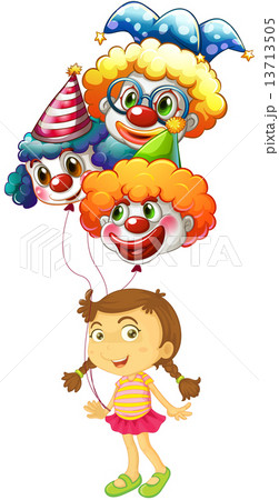 A young girl holding three clown balloons A young girl holding three clown balloons 13713505